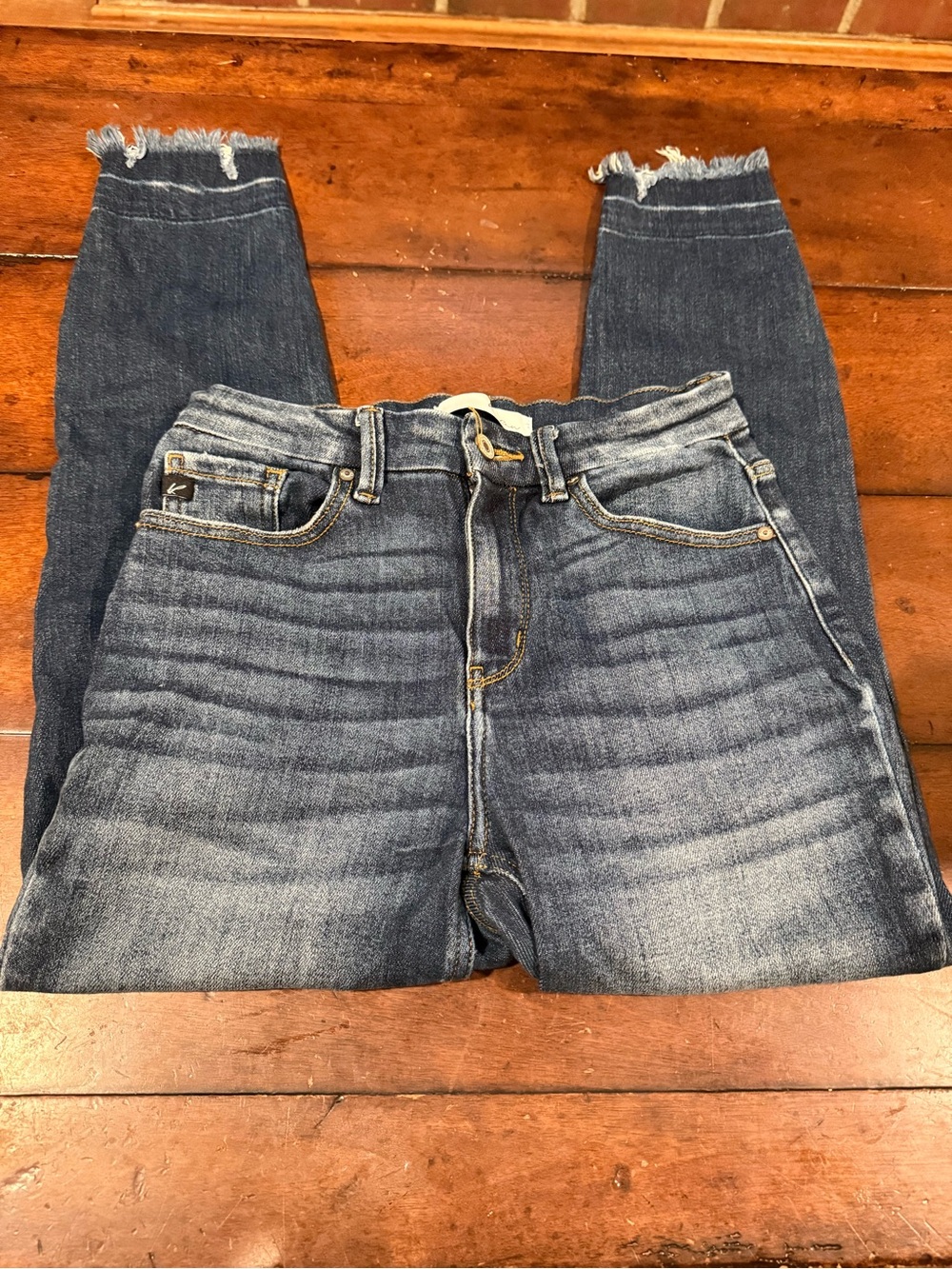 KanCan High-Rise Distressed Dark Blue Jeans with Frayed Hem